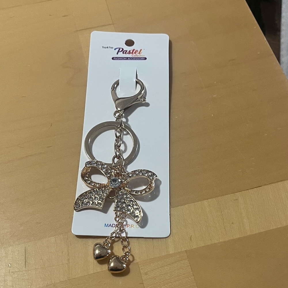 Gold Bow Keychain with Heart Charms